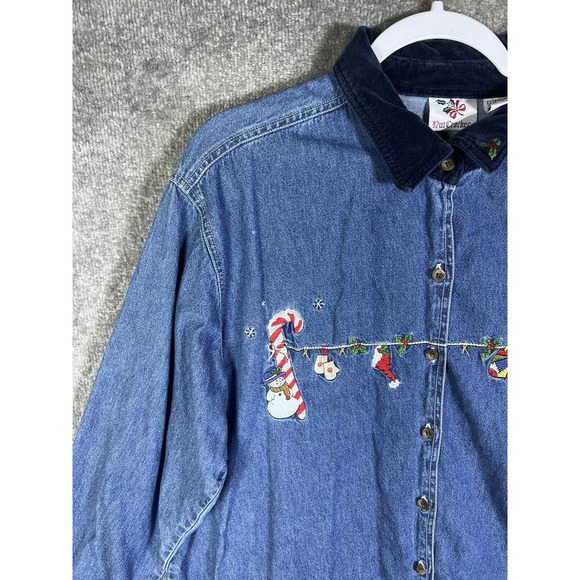 Vintage Nut Cracker Blue Denim Button Up Shirt Womens‎ XL Christmas Embroidery - Picture 6 of 14